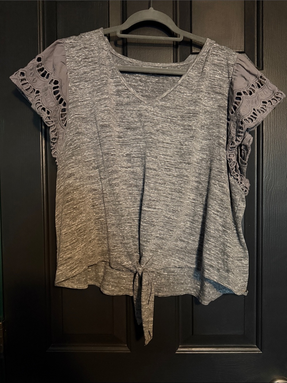 Maurices Heather Gray Tie-Front Crop Top with Lace Flutter Sleeves